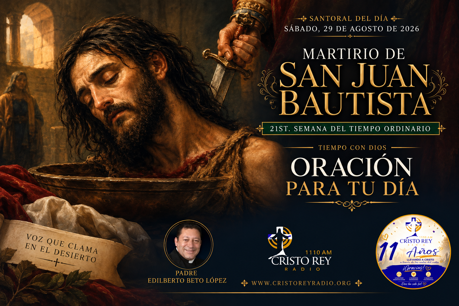 Oración para el sábado 29 de agosto de 2026. Martirio de San Juan Bautista.